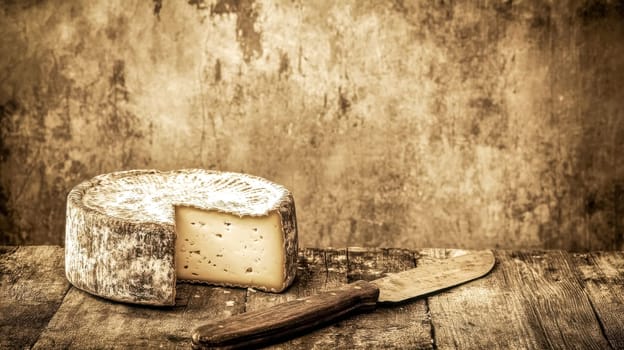 Wheel of aged cheese is presented on a rustic wooden table, with a knife resting beside it and a textured background. The warm, sepia tones evoke a sense of tradition and craftsmanship
