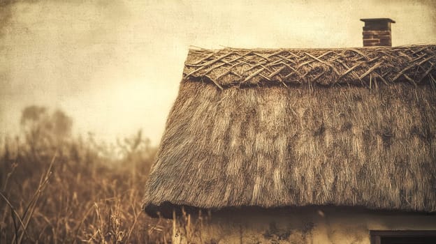 Old, weathered thatched roof is the prominent feature of this image evoking a sense of history and rural charm. The vintage filter adds to the nostalgic feel