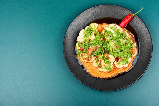 Roasted cauliflower florets are drizzled with creamy tahini sauce and sprinkled with pomegranate served on a rustic wooden table.