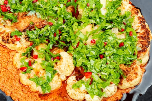 Roasted cauliflower florets are drizzled with creamy tahini sauce and sprinkled with pomegranate served on a rustic wooden table.