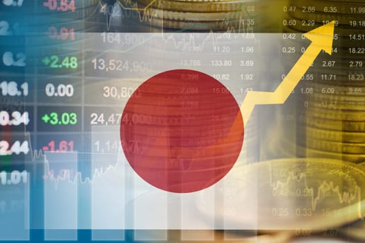 Japan flag with stock market finance, economy trend graph digital technology.