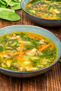 A bowl of soup with mushrooms and spinach leaves.