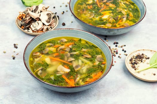 A bowl of soup with mushrooms and spinach leaves.
