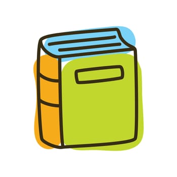 Doodle book icon handdrawn with thin line and colored with colorful blobs. Hardcover literature symbol isolated on white background. Vector illustration