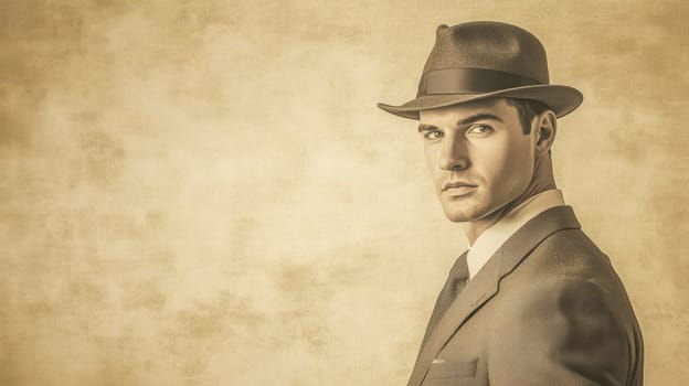 Businessman wearing a suit and hat is looking over his shoulder with a serious expression in a vintage sepia toned image