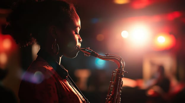 Female saxophonist performing jazz music on stage. Concept of Music, Performance, Jazz, Nightlife