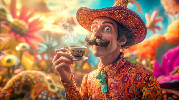 Extravagantly dressed man with a flamboyant mustache is holding a steaming cup of coffee, savoring the aroma in a whimsical and colorful wonderland