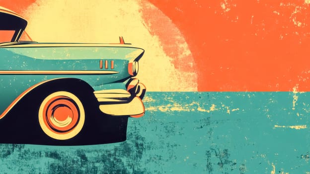 Vintage illustration featuring a classic car parked by the beach. Bathed in the warm glow of a setting sun. The retro color palette and textured background evoke a sense of nostalgia and adventure