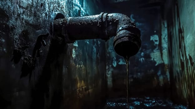 Rusty pipe is leaking toxic waste into a puddle of water in an abandoned building, creating a scary and dangerous scene