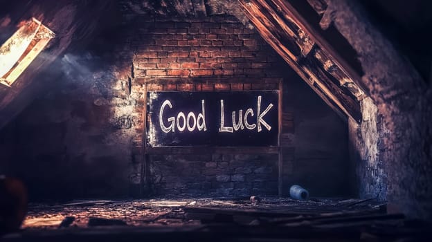 Vintage blackboard with the inscription good luck is hanging in an old dusty attic with light coming through a small window