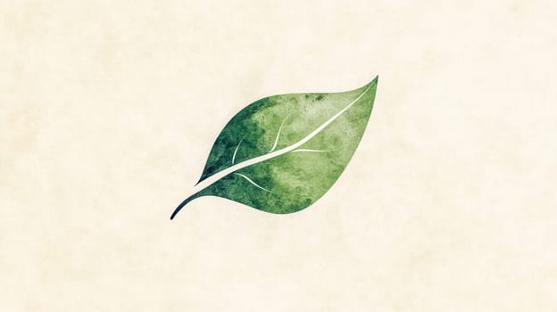 Green watercolor leaf is painted on a beige background, providing a natural and minimalist aesthetic. The image evokes concepts such as ecology, sustainability, and environmental awareness