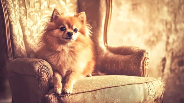 Fluffy pomeranian dog is making itself comfortable on a vintage armchair, enjoying the warm sunlight coming from the window