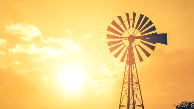 Classic windmill stands tall against a golden sunset sky in the countryside, creating a serene and picturesque scene