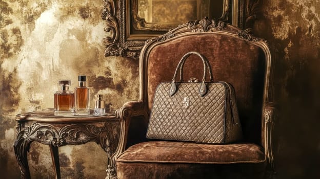 Elegant handbag is resting on an antique armchair in a luxurious interior, with perfume bottles displayed on a side table. The scene evokes a sense of timeless sophistication and glamour