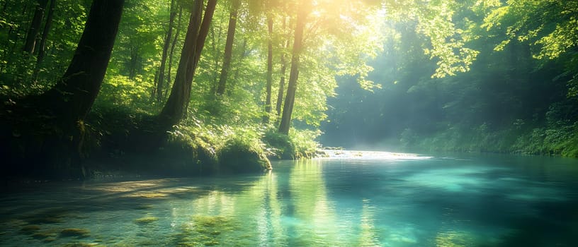A bright and peaceful view of a lush forest with a crystal clear stream that reveals the rocks beneath. Sunlight filters through tall trees. No people. A natural scene suitable for ecotourism.