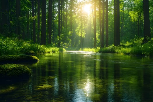 A bright and peaceful view of a lush forest with a crystal clear stream that reveals the rocks beneath. Sunlight filters through tall trees. No people. A natural scene suitable for ecotourism.