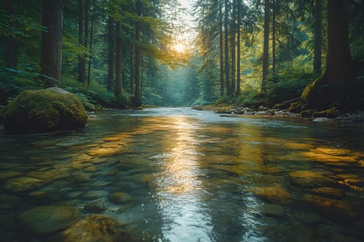A bright and peaceful view of a lush forest with a crystal clear stream that reveals the rocks beneath. Sunlight filters through tall trees. No people. A natural scene suitable for ecotourism.