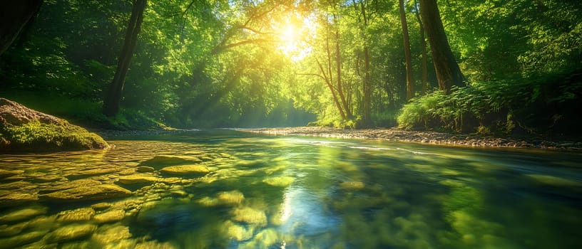 A bright and peaceful view of a lush forest with a crystal clear stream that reveals the rocks beneath. Sunlight filters through tall trees. No people. A natural scene suitable for ecotourism.