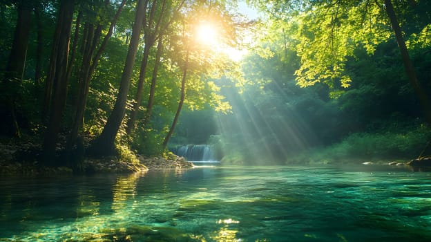 A bright and peaceful view of a lush forest with a crystal clear stream that reveals the rocks beneath. Sunlight filters through tall trees. No people. A natural scene suitable for ecotourism.