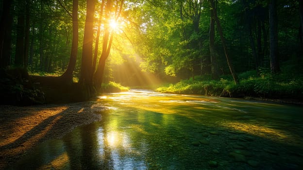 A bright and peaceful view of a lush forest with a crystal clear stream that reveals the rocks beneath. Sunlight filters through tall trees. No people. A natural scene suitable for ecotourism.