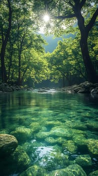 A bright and peaceful view of a lush forest with a crystal clear stream that reveals the rocks beneath. Sunlight filters through tall trees. No people. A natural scene suitable for ecotourism.