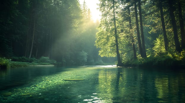 A bright and peaceful view of a lush forest with a crystal clear stream that reveals the rocks beneath. Sunlight filters through tall trees. No people. A natural scene suitable for ecotourism.