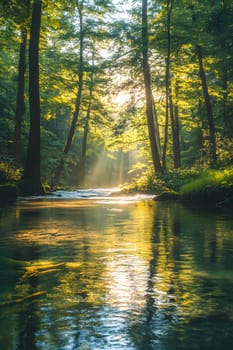 A bright and peaceful view of a lush forest with a crystal clear stream that reveals the rocks beneath. Sunlight filters through tall trees. No people. A natural scene suitable for ecotourism.