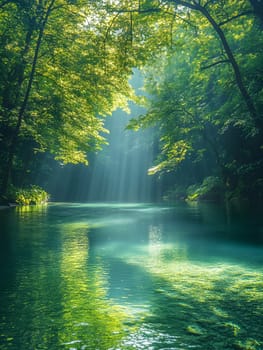A bright and peaceful view of a lush forest with a crystal clear stream that reveals the rocks beneath. Sunlight filters through tall trees. No people. A natural scene suitable for ecotourism.