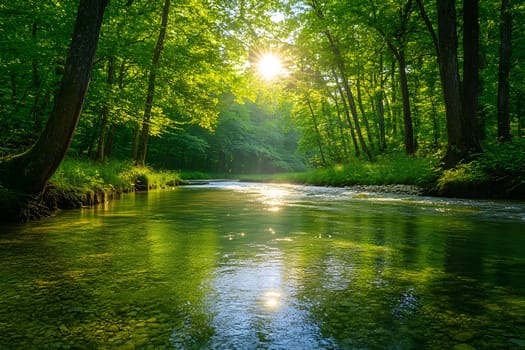 A bright and peaceful view of a lush forest with a crystal clear stream that reveals the rocks beneath. Sunlight filters through tall trees. No people. A natural scene suitable for ecotourism.