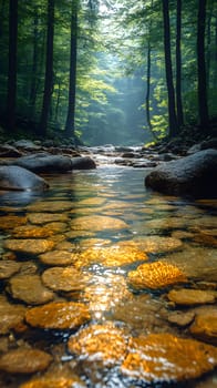 A bright and peaceful view of a lush forest with a crystal clear stream that reveals the rocks beneath. Sunlight filters through tall trees. No people. A natural scene suitable for ecotourism.