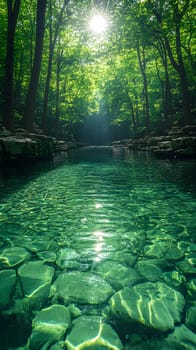 A bright and peaceful view of a lush forest with a crystal clear stream that reveals the rocks beneath. Sunlight filters through tall trees. No people. A natural scene suitable for ecotourism.