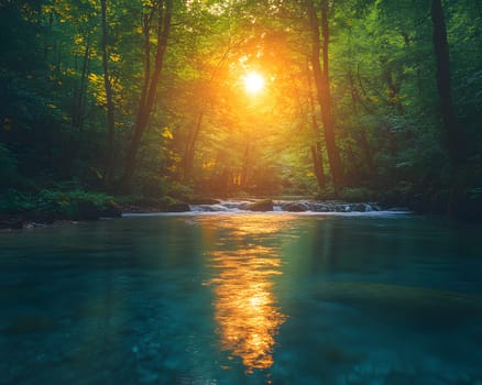 A bright and peaceful view of a lush forest with a crystal clear stream that reveals the rocks beneath. Sunlight filters through tall trees. No people. A natural scene suitable for ecotourism.