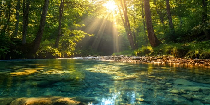 A bright and peaceful view of a lush forest with a crystal clear stream that reveals the rocks beneath. Sunlight filters through tall trees. No people. A natural scene suitable for ecotourism.