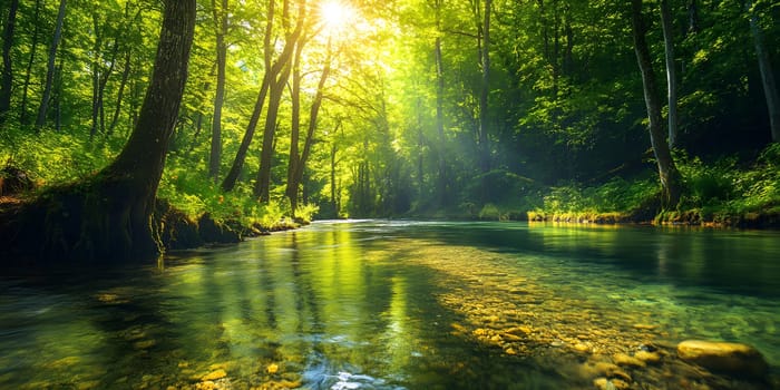A bright and peaceful view of a lush forest with a crystal clear stream that reveals the rocks beneath. Sunlight filters through tall trees. No people. A natural scene suitable for ecotourism.