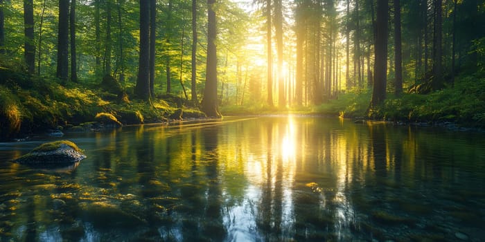 A bright and peaceful view of a lush forest with a crystal clear stream that reveals the rocks beneath. Sunlight filters through tall trees. No people. A natural scene suitable for ecotourism.