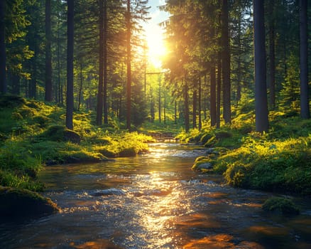 A bright and peaceful view of a lush forest with a crystal clear stream that reveals the rocks beneath. Sunlight filters through tall trees. No people. A natural scene suitable for ecotourism.