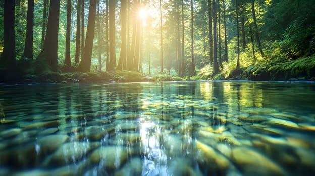 A bright and peaceful view of a lush forest with a crystal clear stream that reveals the rocks beneath. Sunlight filters through tall trees. No people. A natural scene suitable for ecotourism.