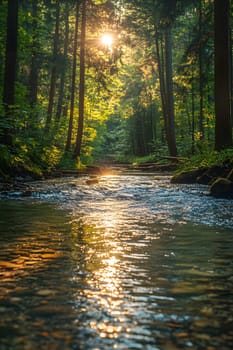 A bright and peaceful view of a lush forest with a crystal clear stream that reveals the rocks beneath. Sunlight filters through tall trees. No people. A natural scene suitable for ecotourism.