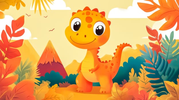 Joyful baby dinosaur in a colorful prehistoric landscape, perfect for children's projects