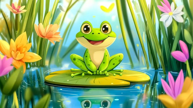 Cartoon frog is sitting on a lily pad, enjoying the summer day. The illustration is in a cartoon style and shows a happy frog in its natural habitat