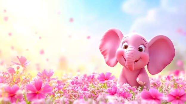 Happy pink elephant sits in a field of flowers, bringing joy and color to your designs. Ideal for backgrounds, cards, and more