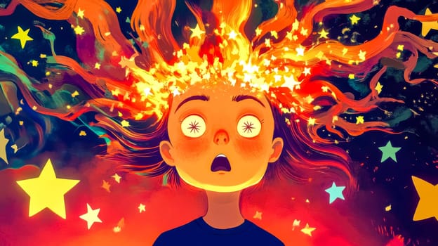 Young girl is experiencing a creative explosion, with her hair on fire and stars shooting out of her head against a vibrant, colorful background