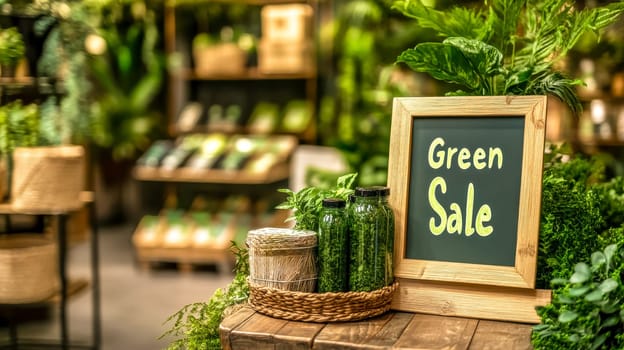 Display of organic food products with green sale chalkboard sign placed in a store specializing in organic food and plants