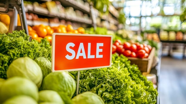 Vibrant display of fresh vegetables in a busy grocery store, with a sale sign promising discounts on lettuce, cabbage, tomatoes, and oranges, promoting healthy choices and smart shopping