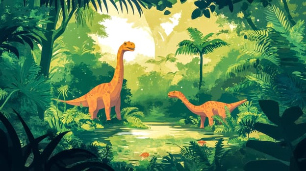 Majestic brachiosaurus dinosaurs stroll through a prehistoric jungle with a tranquil pond, lush green landscape, vibrant plant life, and serene atmosphere. Capturing the beauty of the ancient world