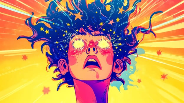 Illustration of a young person with stars surrounding their head and beams of light coming out of their eyes, expressing amazement and awe