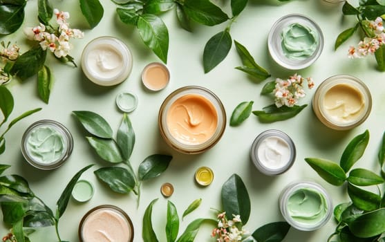 Flatlay of various skincare creams, lotions, and serums surrounded by green leaves and white flowers, emphasizing natural and organic beauty products.