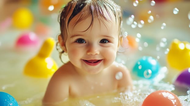 Smiling baby with wet hair in bathtub surrounded by vibrant rubber ducks and soap bubbles, capturing the essence of fun and playful bath time.