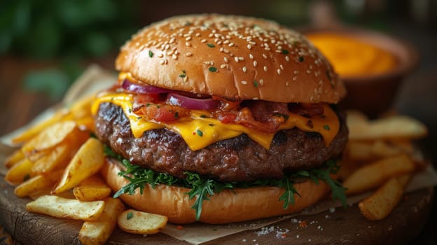 Close up view of delicious cheeseburger. Fast food concept.
