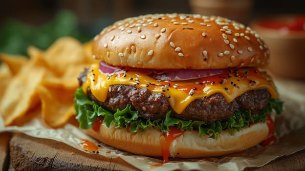 Close up view of delicious cheeseburger. Fast food concept.